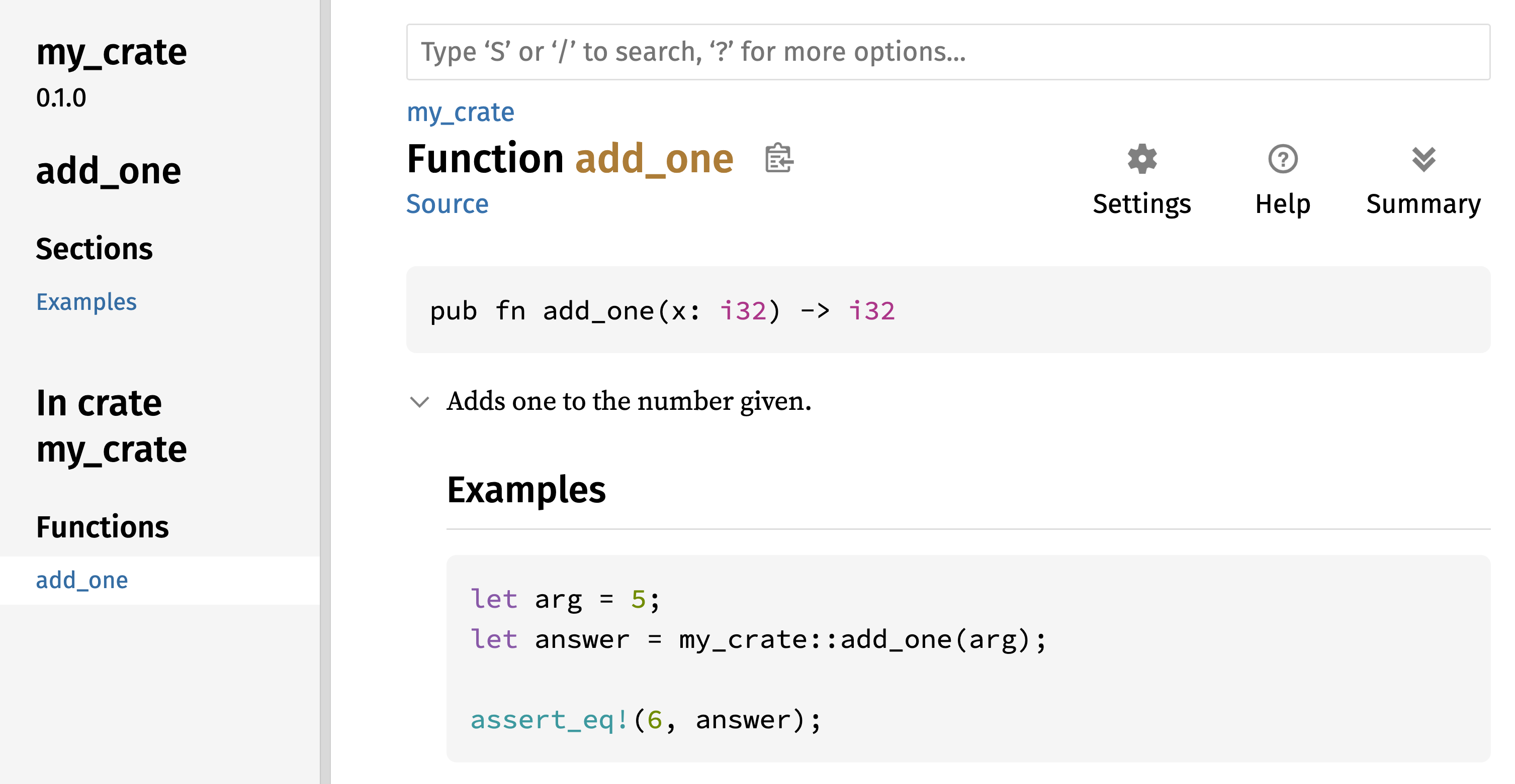 Rendered HTML documentation for the `add_one` function of `my_crate` 