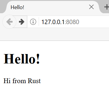 Captura de tela de um navegador acessando o endereço 127.0.0.1:8080 e exibindo uma página com o texto “Hello! Hi from Rust”